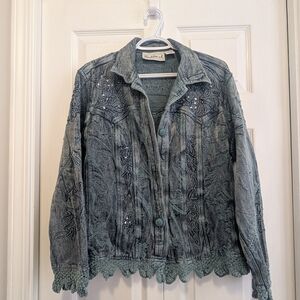 Vintage Flashback Embroidered Denim Jacket - Acid Wash & Crochet Lace Trim - L
